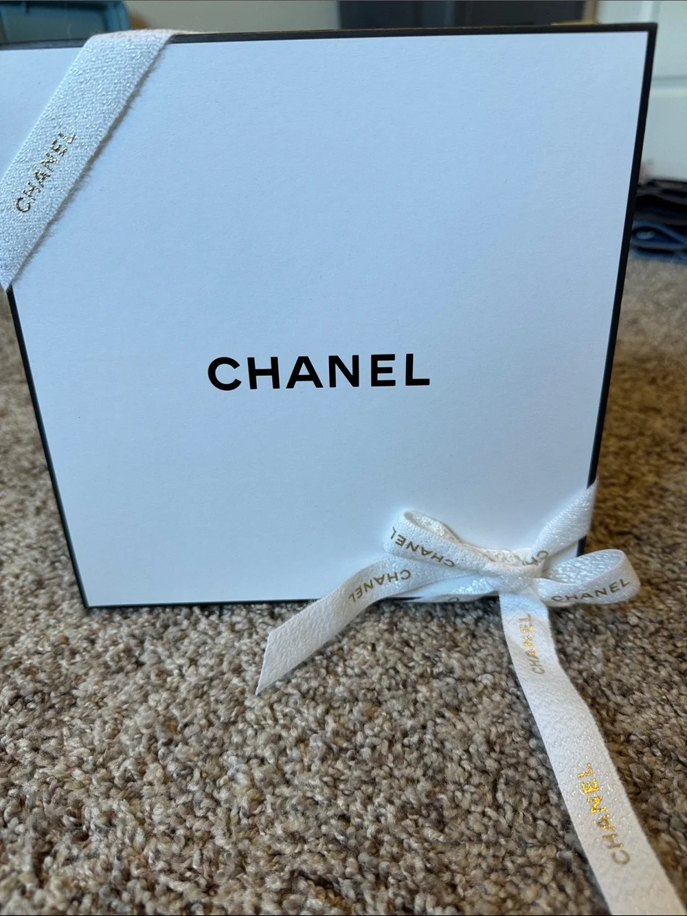CHANEL White Gift Box with Gold-Print Ribbon and Black Logo